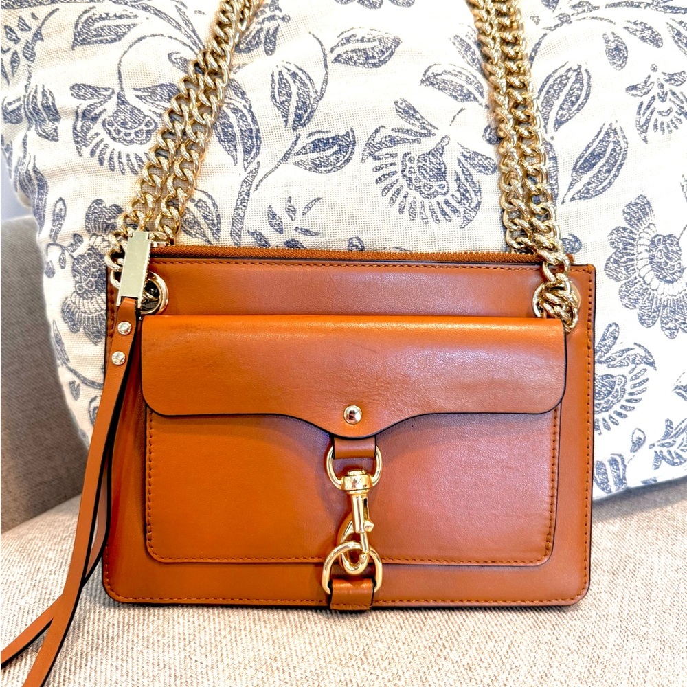 Rebecca Minkoff Leather Crossbody with Gold Chain Cognac Compact/Thin “Mac”